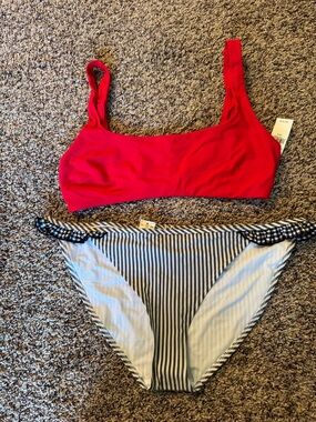 Aerie Red Bikini Top with Blue & White Striped Bottom